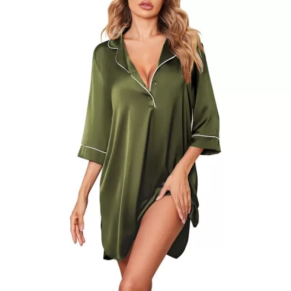 Ekouaer Womens Silk Nightgown 34 Sleeve Sleepwear Satin Boyfriend Sleepshirt Button NightshirtA08 Army Green