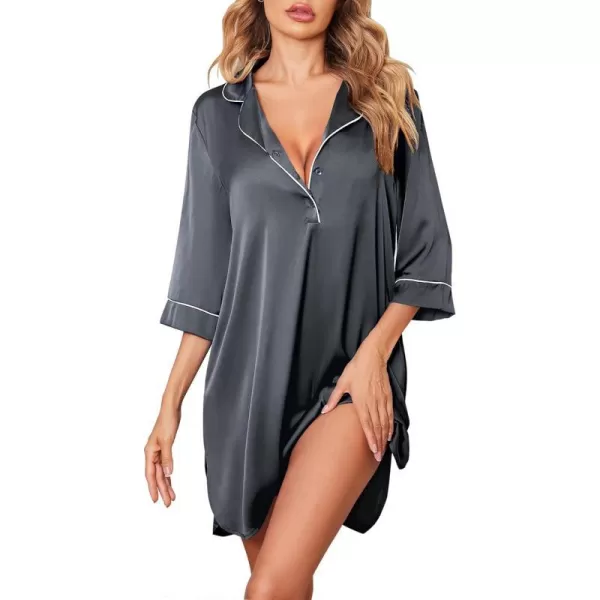 Ekouaer Womens Silk Nightgown 34 Sleeve Sleepwear Satin Boyfriend Sleepshirt Button NightshirtA10 Charcoal Grey