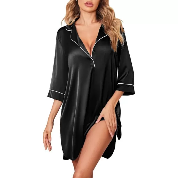 Ekouaer Womens Silk Nightgown 34 Sleeve Sleepwear Satin Boyfriend Sleepshirt Button NightshirtBlack