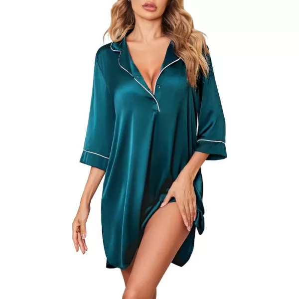 Ekouaer Womens Silk Nightgown 34 Sleeve Sleepwear Satin Boyfriend Sleepshirt Button NightshirtPeacock Blue