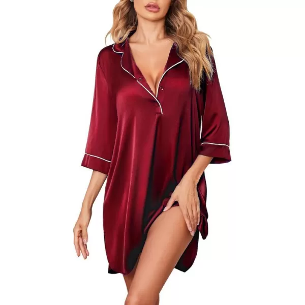 Ekouaer Womens Silk Nightgown 34 Sleeve Sleepwear Satin Boyfriend Sleepshirt Button NightshirtWine Red Burgandy