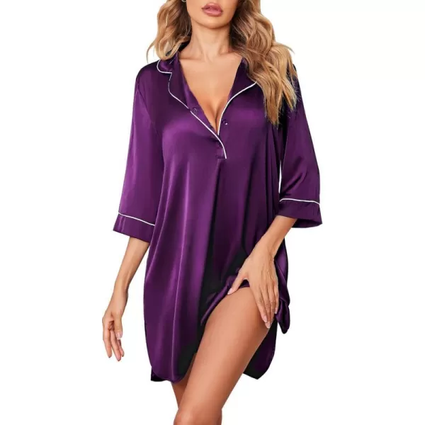 Ekouaer Womens Silk Nightgown 34 Sleeve Sleepwear Satin Boyfriend Sleepshirt Button NightshirtWineberry Purple