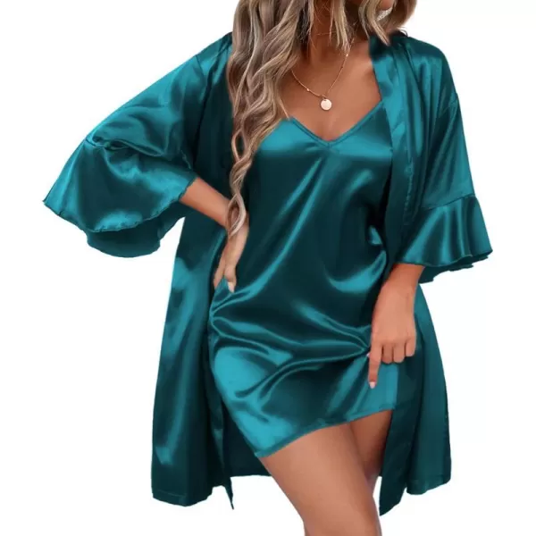 Ekouaer Womens Silk Robe Set Vneck 2 Piece Bridal Party Robes and Satin Bathrobe Set with PocketsGreen