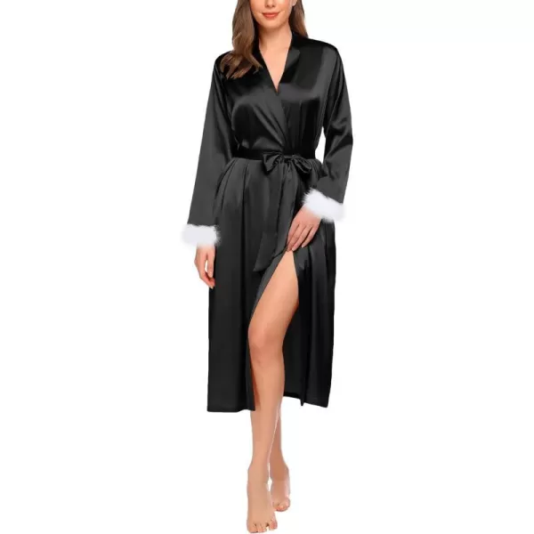 Ekouaer Womens Silk Robes Feather Trim Bride Bridesmaid Kimono Satin Bathrobe Long Sexy Sleepwear Removable FeatherBlack