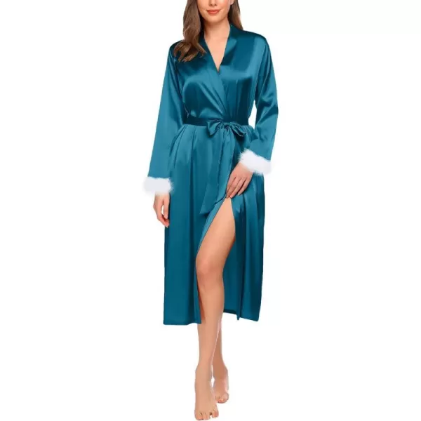 Ekouaer Womens Silk Robes Feather Trim Bride Bridesmaid Kimono Satin Bathrobe Long Sexy Sleepwear Removable FeatherTeal Green