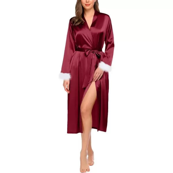 Ekouaer Womens Silk Robes Feather Trim Bride Bridesmaid Kimono Satin Bathrobe Long Sexy Sleepwear Removable FeatherWine Red