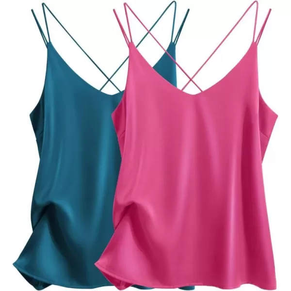 Ekouaer Womens Silk Satin Camisole Tank Tops V Neck Spaghetti Strap Blouses Cross Back Sleeveless Cami ShirtHot Pinkblue Green