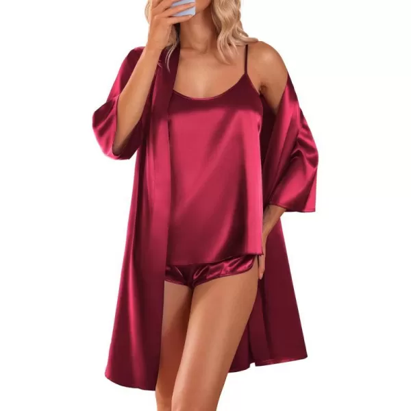 Ekouaer Womens Silk Satin Pajamas 3 Piece Pj Sleepwear Camisole Shorts Set with Robe SXXLWine