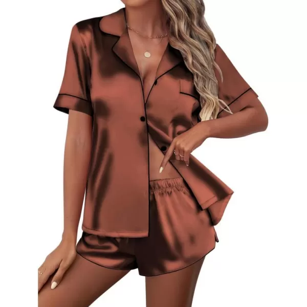 Ekouaer Womens Silk Satin Pajamas Set Short Sleeve Sleepwear Button Down Loungewear 2 Piece Pjs Shorts Set SXXLBrown