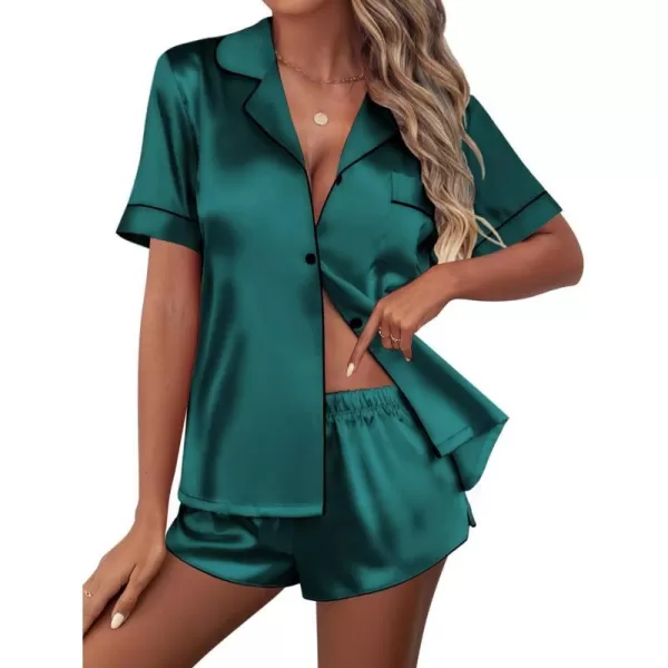 Ekouaer Womens Silk Satin Pajamas Set Short Sleeve Sleepwear Button Down Loungewear 2 Piece Pjs Shorts Set SXXLDark Green