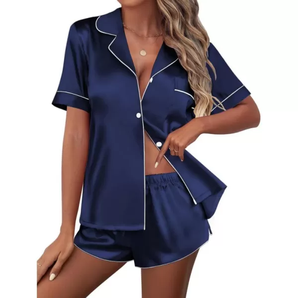 Ekouaer Womens Silk Satin Pajamas Set Short Sleeve Sleepwear Button Down Loungewear 2 Piece Pjs Shorts Set SXXLNavy Blue