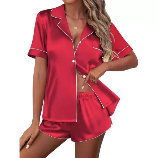 Ekouaer Womens Silk Satin Pajamas Set Short Sleeve Sleepwear Button Down Loungewear 2 Piece Pjs Shorts Set SXXLRed