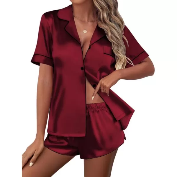 Ekouaer Womens Silk Satin Pajamas Set Short Sleeve Sleepwear Button Down Loungewear 2 Piece Pjs Shorts Set SXXLWine Red