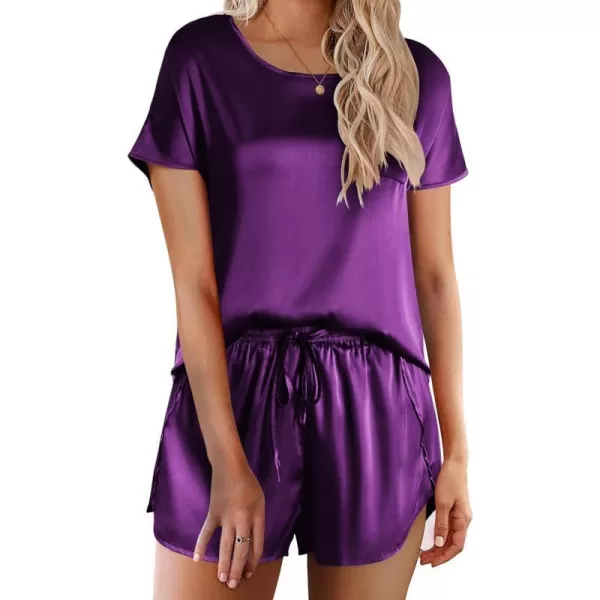 Ekouaer Womens Silk Satin Pajamas Set Short Sleeve Top and Shorts TwoPiece Pjs Silky Sleepwear NightwearDeep Purple