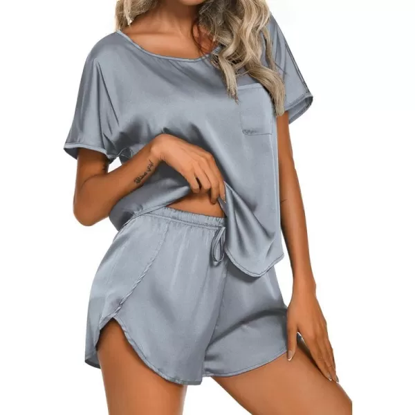 Ekouaer Womens Silk Satin Pajamas Set Short Sleeve Top and Shorts TwoPiece Pjs Silky Sleepwear NightwearGrey