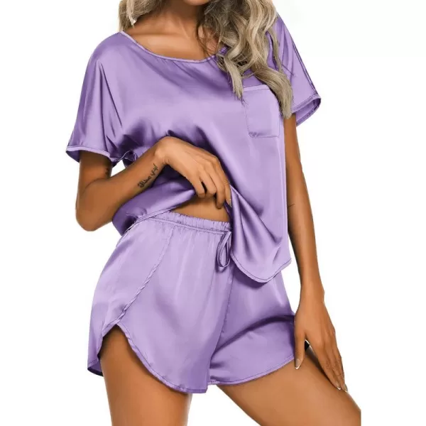 Ekouaer Womens Silk Satin Pajamas Set Short Sleeve Top and Shorts TwoPiece Pjs Silky Sleepwear NightwearLavender