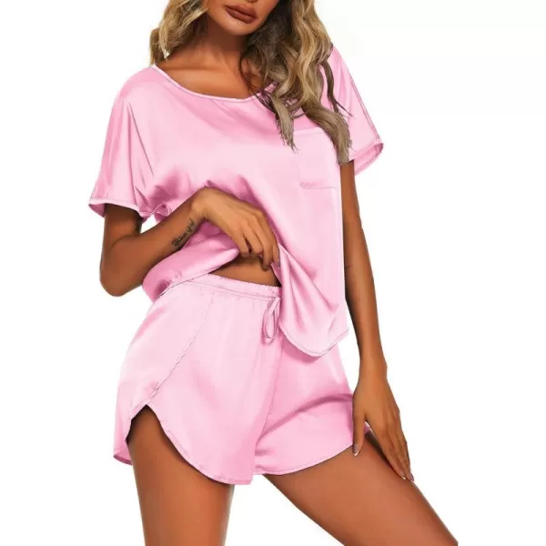 Ekouaer Womens Silk Satin Pajamas Set Short Sleeve Top and Shorts TwoPiece Pjs Silky Sleepwear NightwearPink