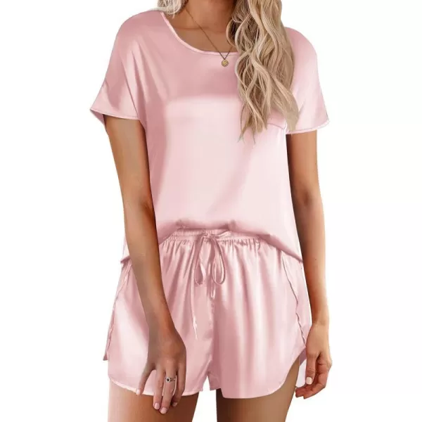 Ekouaer Womens Silk Satin Pajamas Set Short Sleeve Top and Shorts TwoPiece Pjs Silky Sleepwear NightwearTender Pink