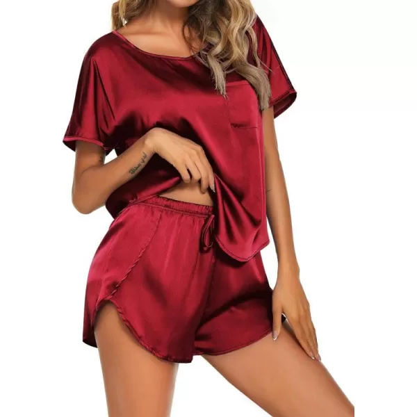 Ekouaer Womens Silk Satin Pajamas Set Short Sleeve Top and Shorts TwoPiece Pjs Silky Sleepwear NightwearWine Red