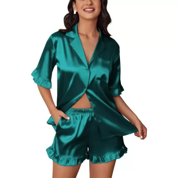 Ekouaer Womens Silk Satin Pajamas Sets Button Down Ruffled Pj Set Sleepwear SXXLBlue Green