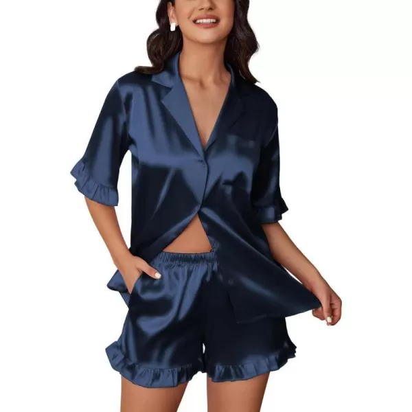 Ekouaer Womens Silk Satin Pajamas Sets Button Down Ruffled Pj Set Sleepwear SXXLNavy Blue