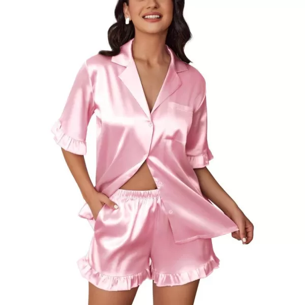 Ekouaer Womens Silk Satin Pajamas Sets Button Down Ruffled Pj Set Sleepwear SXXLPink