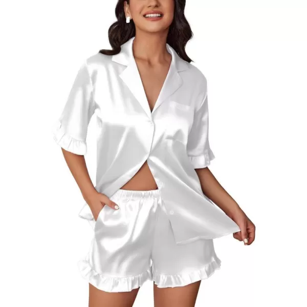 Ekouaer Womens Silk Satin Pajamas Sets Button Down Ruffled Pj Set Sleepwear SXXLWhite