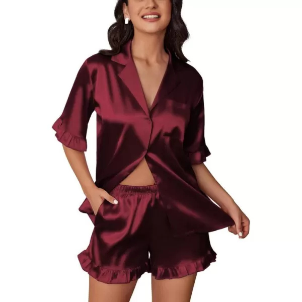 Ekouaer Womens Silk Satin Pajamas Sets Button Down Ruffled Pj Set Sleepwear SXXLWine Red