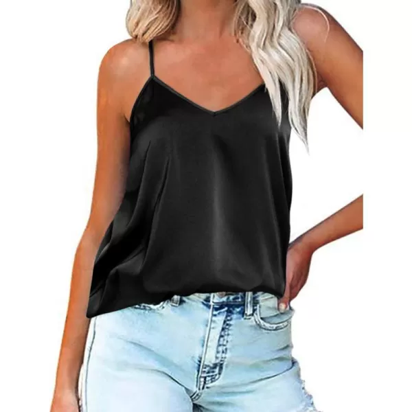 Ekouaer Womens Silk Satin Tank Tops V Neck Camisole Cami Spaghetti Strap Top Summer Basic BlouseBlack