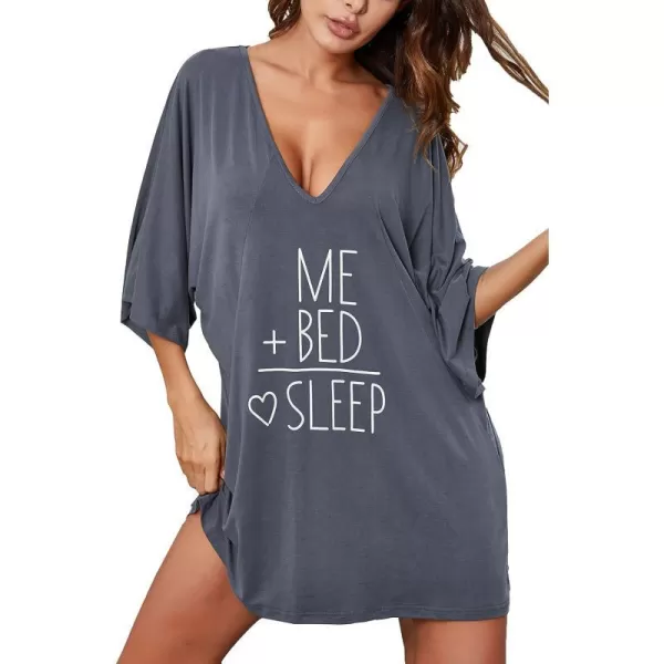 Ekouaer Womens Sleepshirt Deep V Neck Nightgown Batwing Nightshirt Oversized Sleepwear S4XLDark Grey Print