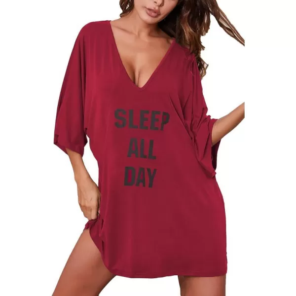 Ekouaer Womens Sleepshirt Deep V Neck Nightgown Batwing Nightshirt Oversized Sleepwear S4XLWine Red Print