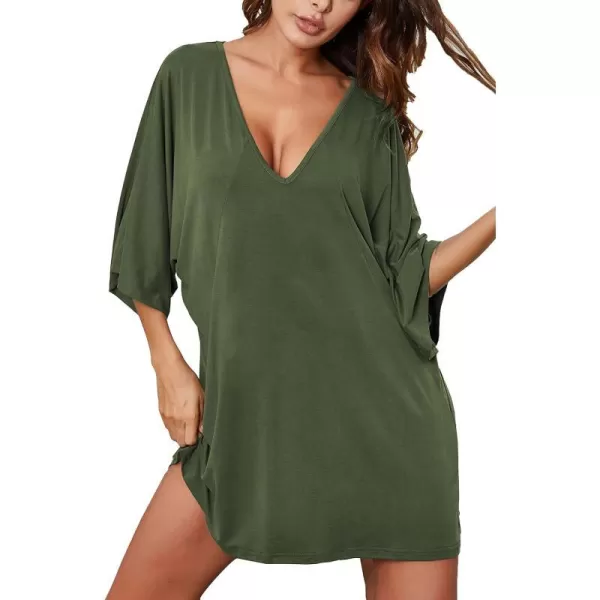 Ekouaer Womens Sleepshirt Deep V Neck Nightgown Batwing Nightshirt Oversized Sleepwear S4XLZarmy Green