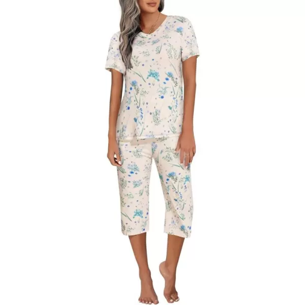 Ekouaer Womens Sleepwear Capri Pajama Sets Short Sleeve TwoPiece Pjs V Neck Tops amp Capri Pants with Pockets S3XLBlue Floral