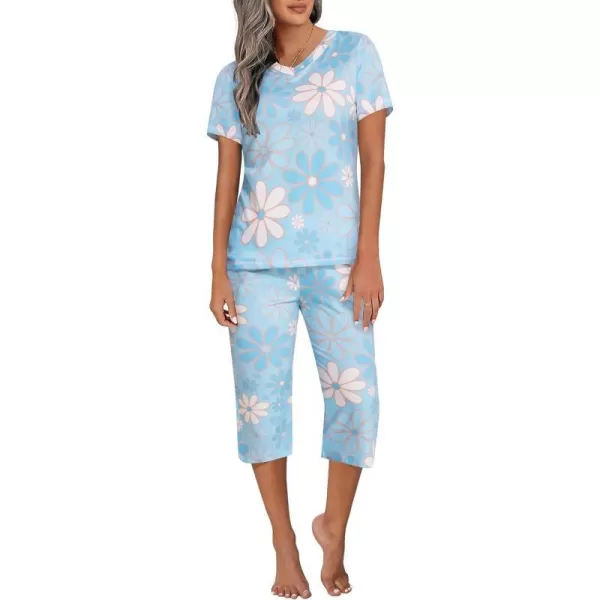 Ekouaer Womens Sleepwear Capri Pajama Sets Short Sleeve TwoPiece Pjs V Neck Tops amp Capri Pants with Pockets S3XLClight Blue