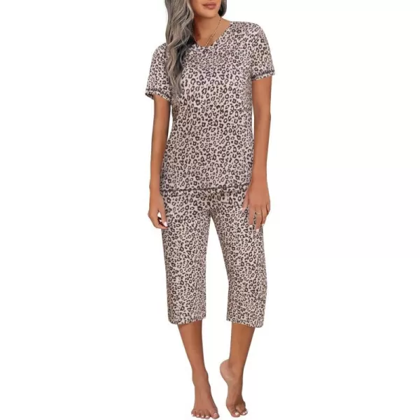 Ekouaer Womens Sleepwear Capri Pajama Sets Short Sleeve TwoPiece Pjs V Neck Tops amp Capri Pants with Pockets S3XLLeopard