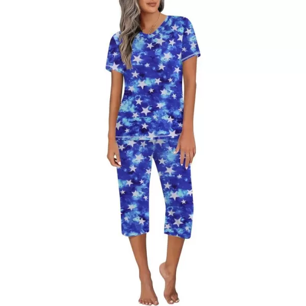 Ekouaer Womens Sleepwear Capri Pajama Sets Short Sleeve TwoPiece Pjs V Neck Tops amp Capri Pants with Pockets S3XLPat16blue Star