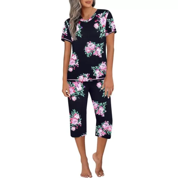 Ekouaer Womens Sleepwear Capri Pajama Sets Short Sleeve TwoPiece Pjs V Neck Tops amp Capri Pants with Pockets S3XLPat8navy Flower