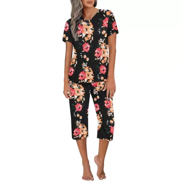 Ekouaer Womens Sleepwear Capri Pajama Sets Short Sleeve TwoPiece Pjs V Neck Tops amp Capri Pants with Pockets S3XLRed Black