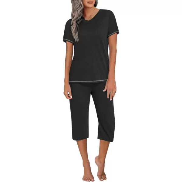 Ekouaer Womens Sleepwear Capri Pajama Sets Short Sleeve TwoPiece Pjs V Neck Tops amp Capri Pants with Pockets S3XLZblack