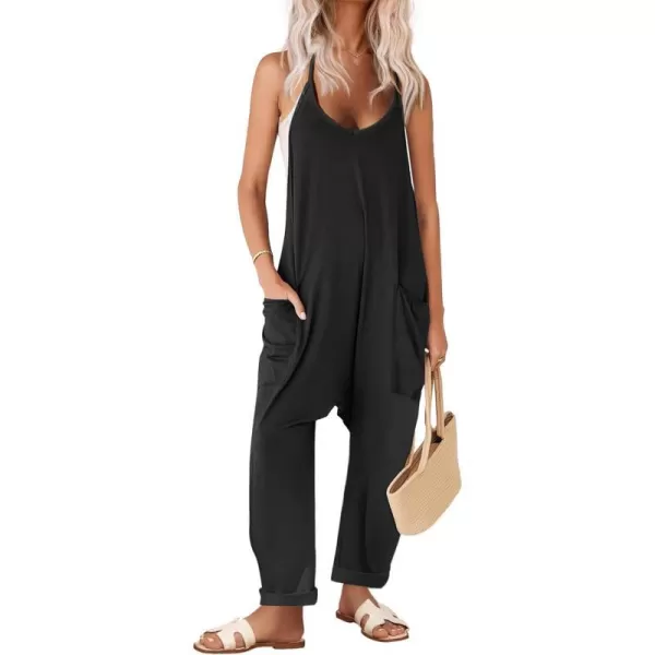 Ekouaer Womens Sleeveless Jumpsuit Loose Spaghetti Strap Baggy Overalls Jumpers Casual Long Pants Rompers with Pockets 2024Ablack