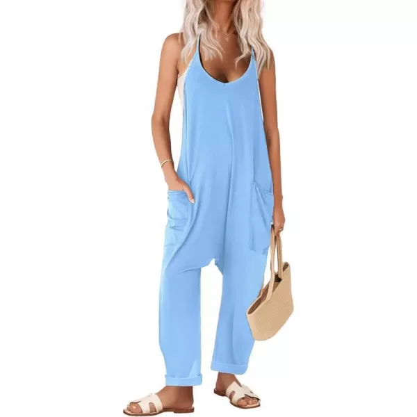 Ekouaer Womens Sleeveless Jumpsuit Loose Spaghetti Strap Baggy Overalls Jumpers Casual Long Pants Rompers with Pockets 2024Lightblue