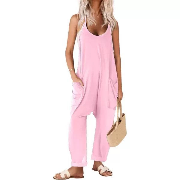 Ekouaer Womens Sleeveless Jumpsuit Loose Spaghetti Strap Baggy Overalls Jumpers Casual Long Pants Rompers with Pockets 2024Pink