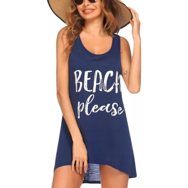 Ekouaer Womens Sleeveless Swimwear Coverups TShirt Beach Dress Tank Bikini Cover Up with PrintAnavy Blue