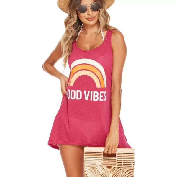 Ekouaer Womens Sleeveless Swimwear Coverups TShirt Beach Dress Tank Bikini Cover Up with PrintAwind Red