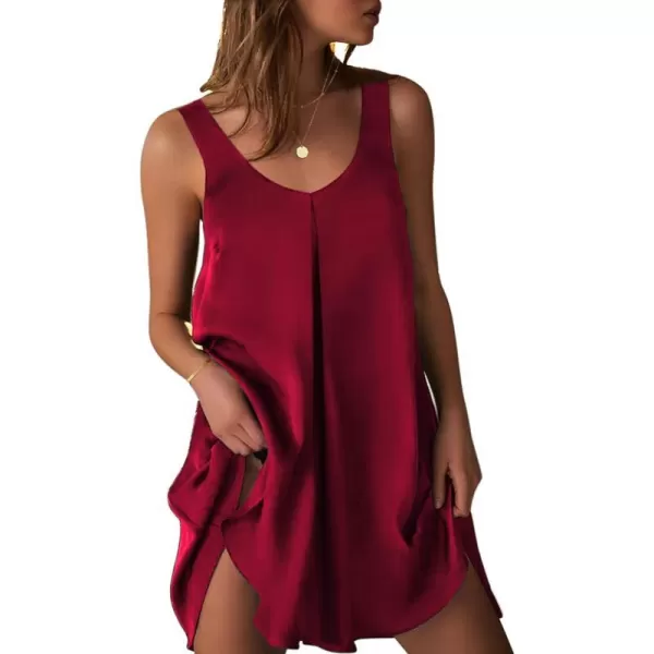 Ekouaer Womens Sleeveless V Neck Satin NightgownRed