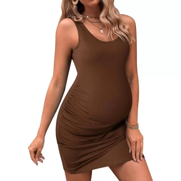 Ekouaer Womens Summer Maternity Dress Side Ruching Sleeveless Bodycon Dress Cute Pregnancy Dress SXXLLight Brown