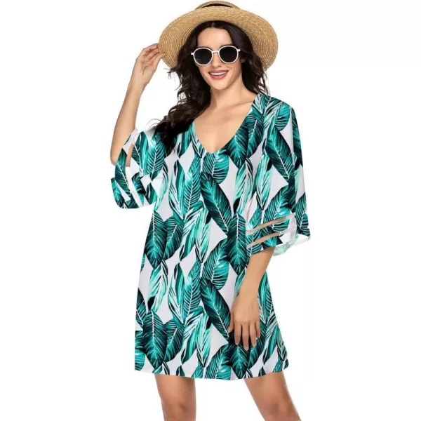 Ekouaer Womens Swimsuit Cover Up 34 Bell Sleeve Beachwear Coverups Deep VNeck Bikini Beach Dress S3XLBig Green Leaves