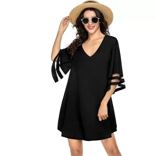 Ekouaer Womens Swimsuit Cover Up 34 Bell Sleeve Beachwear Coverups Deep VNeck Bikini Beach Dress S3XLBlack