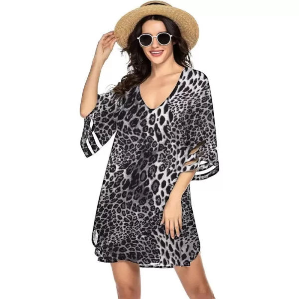 Ekouaer Womens Swimsuit Cover Up 34 Bell Sleeve Beachwear Coverups Deep VNeck Bikini Beach Dress S3XLBlack Leopard Print