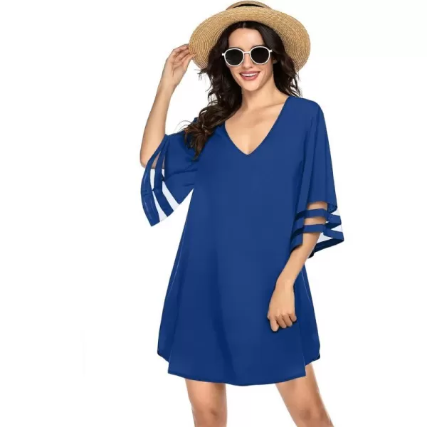 Ekouaer Womens Swimsuit Cover Up 34 Bell Sleeve Beachwear Coverups Deep VNeck Bikini Beach Dress S3XLBlue